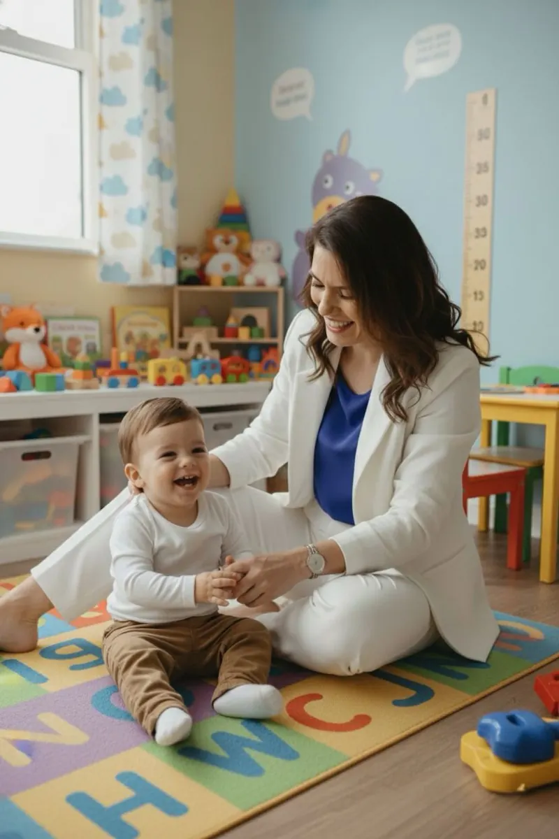 Dra. Renata Bertagnoli sentada no chão de uma sala de terapia infantil, brincando com uma criança pequena