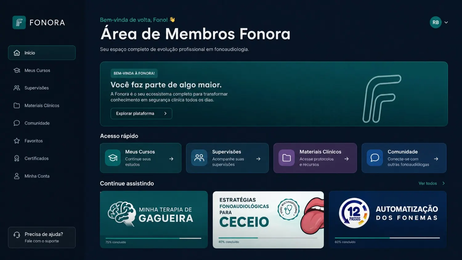 Prévia da área de membros da Fonora, com menu de cursos, supervisões, materiais clínicos e comunidade, e cursos em andamento